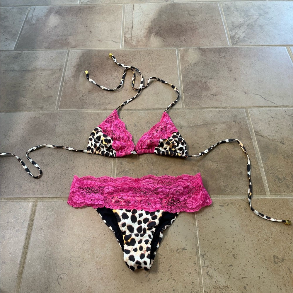 Beach Bunny Leopard/pink swimsuit top-med, bottom-small